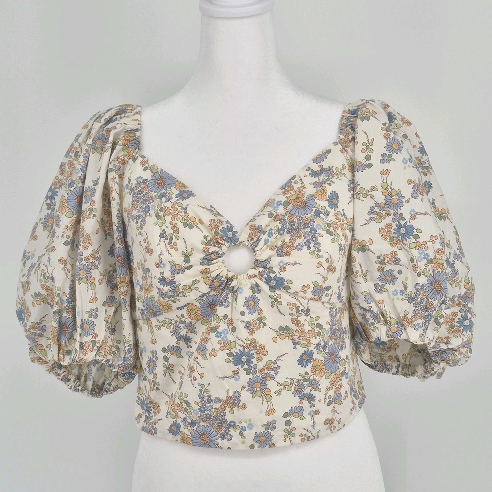 Abercrombie & Fitch Floral Puff Sleeve Poplin O-Ring Crop Top Blouse Women's M